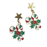 Candy Cane with Holly Earrings Red & Gre