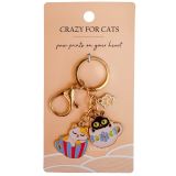Crazy For Cats Tea Cup Keyring Black & W