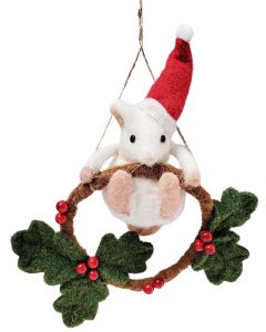 Snowy Christmas Mouse Swinging on a Wrea