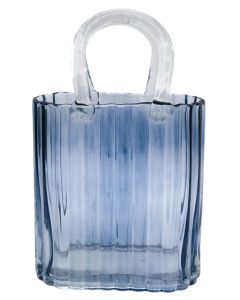 Reeded Handbag Glass Vase Blue Sm 23cm 